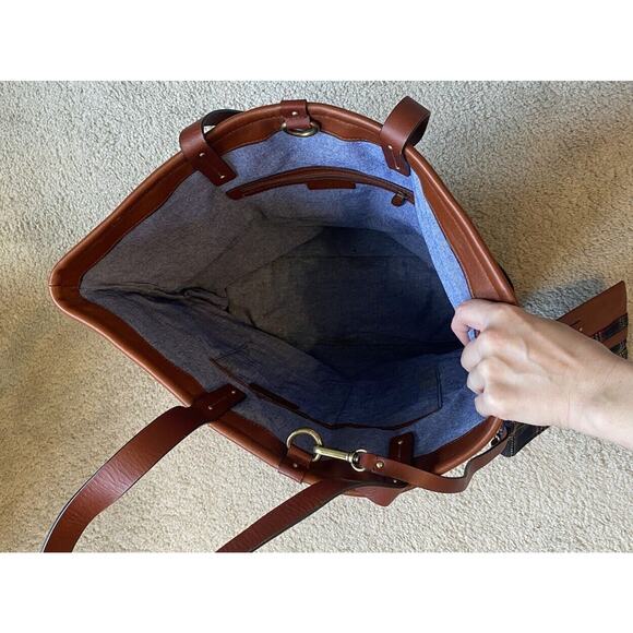 Brooks Brothers 2pc Tote & Wristlet Tan Leather Plaid Tartan Double Shoulder Bag - Picture 11 of 15